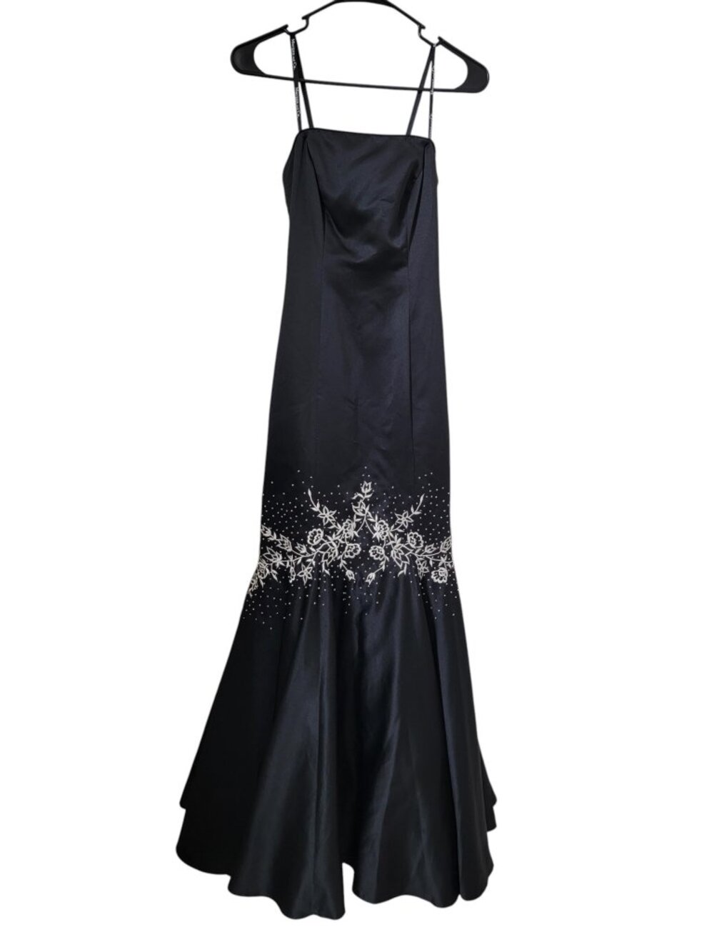 Morgan and Co Size 1/2 Strapless Black Satin Mermaid Gown with Embroidery